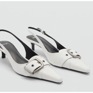 NEW MANGO MNG WHITE BUCKLE SLINGBACK KITTEN HEELS SHOES SZ 37 6.5